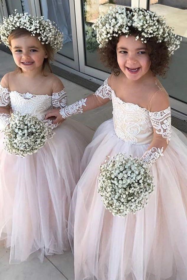 Simple Square Full Sleeve Applique Cheap Flower Girl Dresses, Princess Dresses CPF50