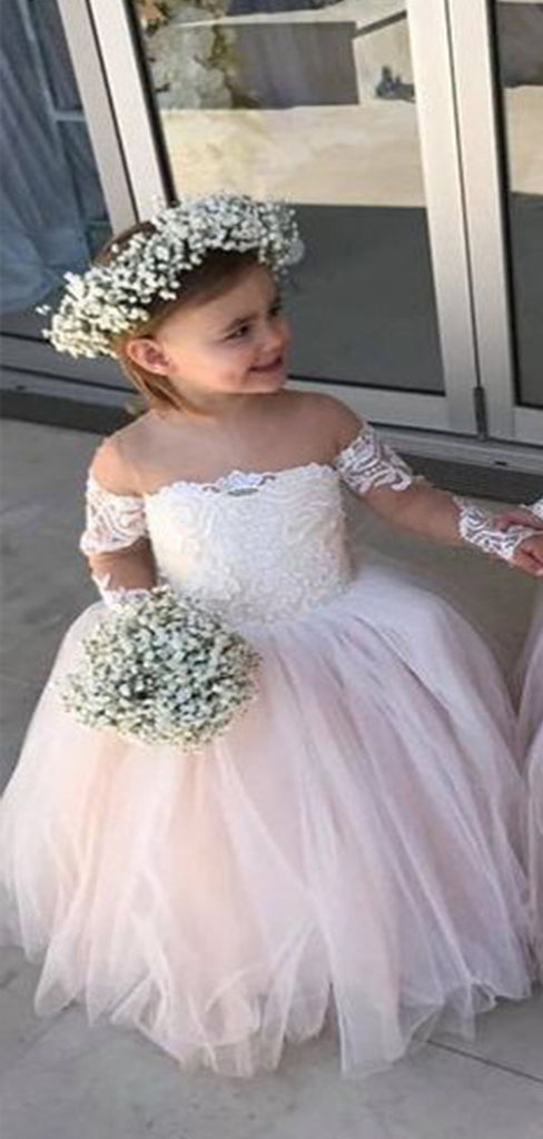 Simple Square Full Sleeve Applique Cheap Flower Girl Dresses, Princess Dresses CPF50