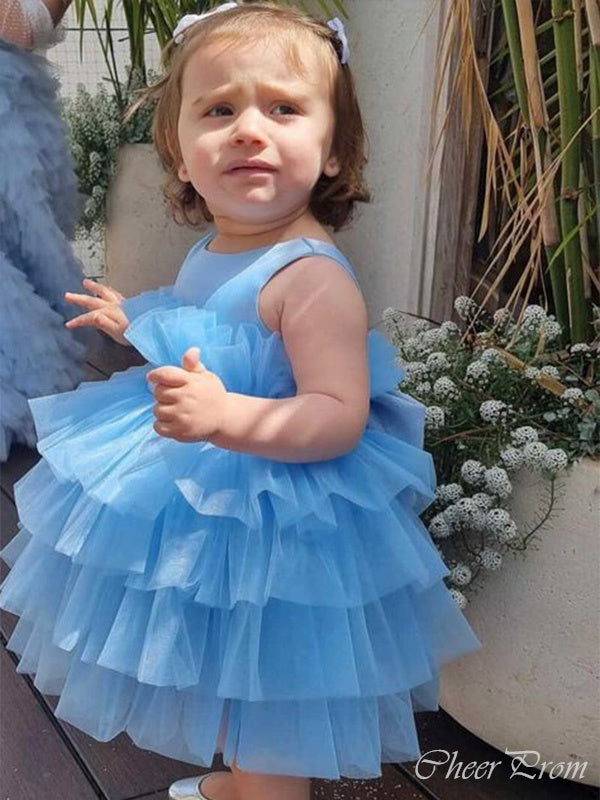 Lovely Blue Ball Gown Round The Neck Straps Sleeveless Cheap Flower Girl Dresses, Princess Dresses CPF58