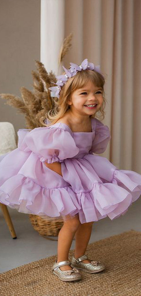 Elegant Purple Square Half Sleeve Short Cheap Flower Girl Dresses, Princess Dresses CPF59