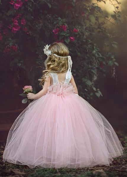 Cheap Tulle Sleeveless Light Pink Princess Ball Gown Flower Girl Dresses, CPF05