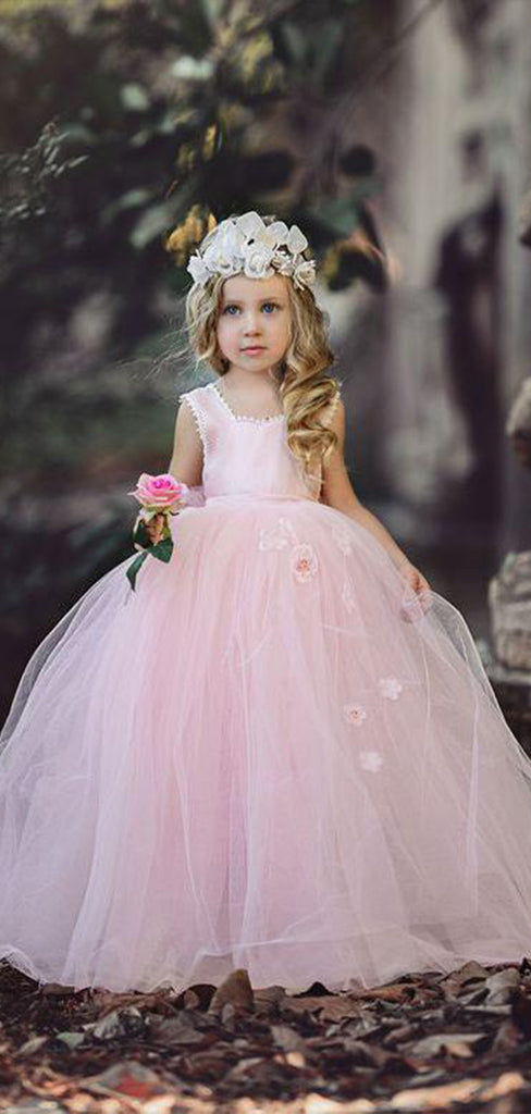 Cheap Tulle Sleeveless Light Pink Princess Ball Gown Flower Girl Dresses, CPF05