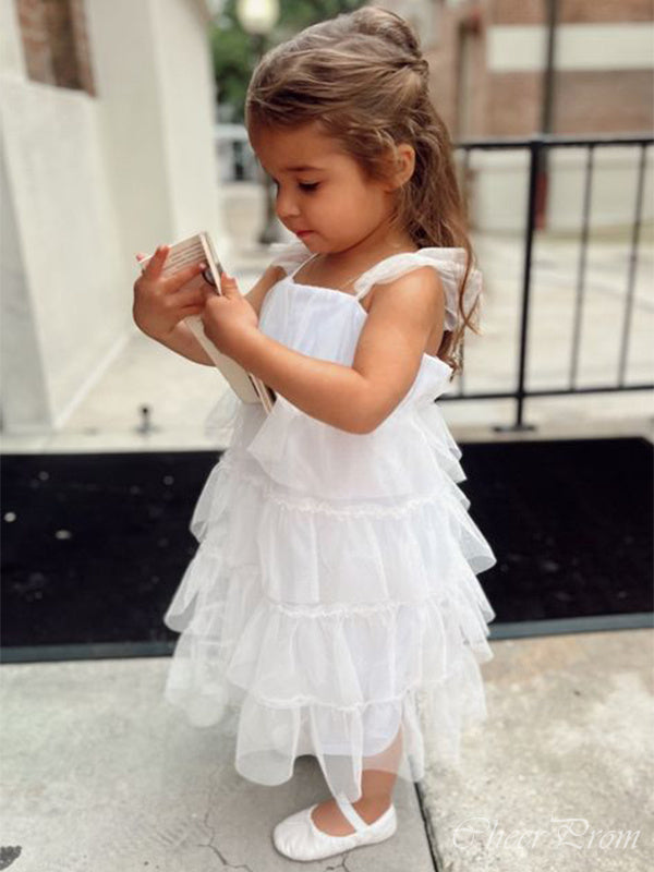 Cute White Straps Square Sleeveless Ruffle Cheap Flower Girl Dresses, Princess Dresses CPF60