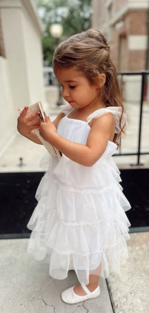 Cute White Straps Square Sleeveless Ruffle Cheap Flower Girl Dresses, Princess Dresses CPF60