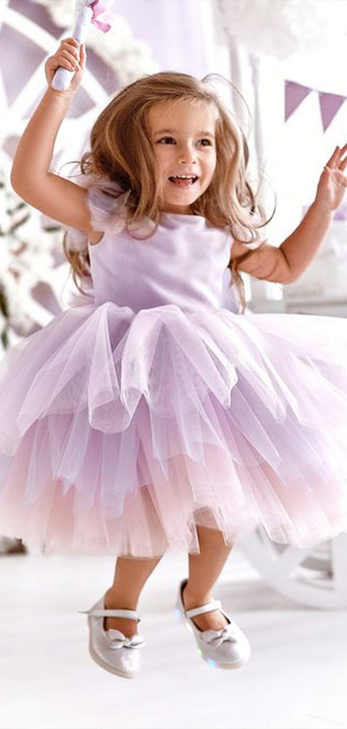 Cute Purple Round The Neck Cap Shoulder Sleeveless Cheap Flower Girl Dresses, Princess Dresses CPF64