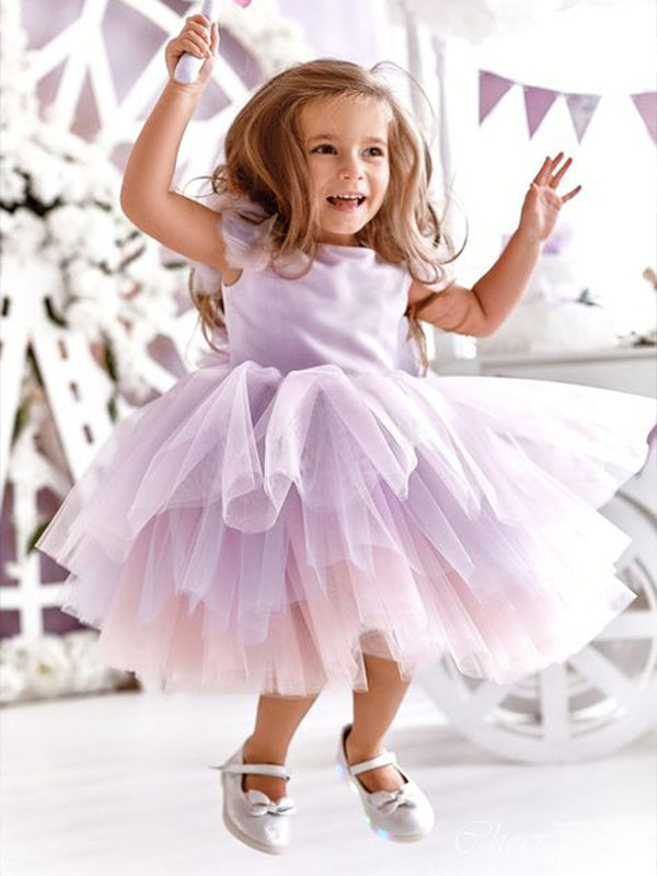 Cute Purple Round The Neck Cap Shoulder Sleeveless Cheap Flower Girl Dresses, Princess Dresses CPF64