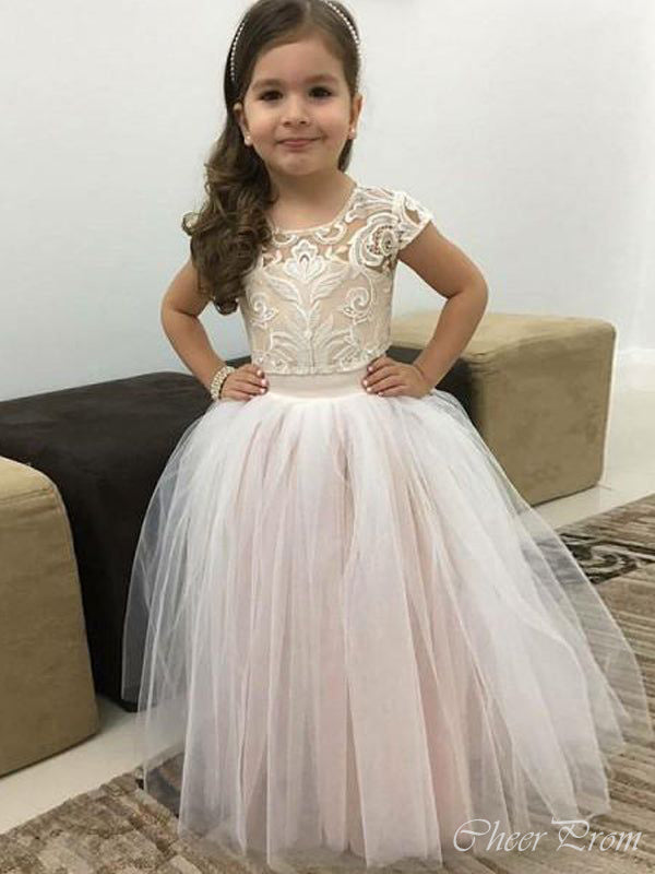 Simple Cap Shoulder Round Neck Sleeveless Applique Cheap Flower Girl Dresses, Princess Dresses CPF68