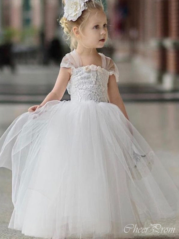 Cute Cap Shoulder Square Sleeveless Lace Cheap Flower Girl Dresses, Princess Dresses CPF71