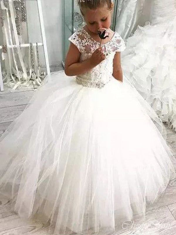 Cute Cap Shoulder Round Neck Sleeveless Lace Cheap Flower Girl Dresses, Princess Dresses CPF72