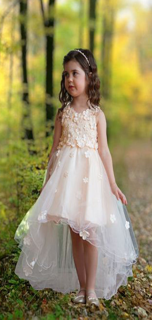 Floral Straps Round Neck Sleeveless Applique Cheap Flower Girl Dresses, Princess Dresses CPF74