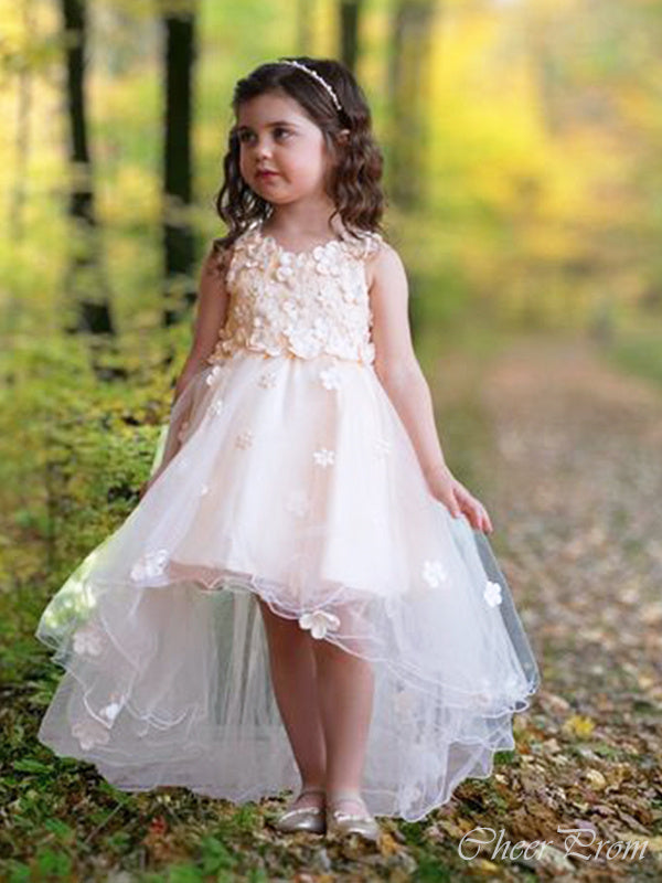 Floral Straps Round Neck Sleeveless Applique Cheap Flower Girl Dresses, Princess Dresses CPF74