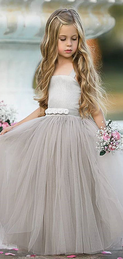 Cute Ball Gown Grey Straps Square Sleeveless Cheap Flower Girl Dresses, Princess Dresses CPF75