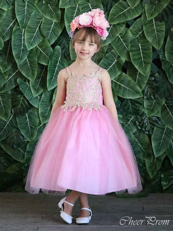 Elegant Spaghetti Straps Sleeveless Applique Beads Cheap Flower Girl Dresses, Princess Dresses CPF77