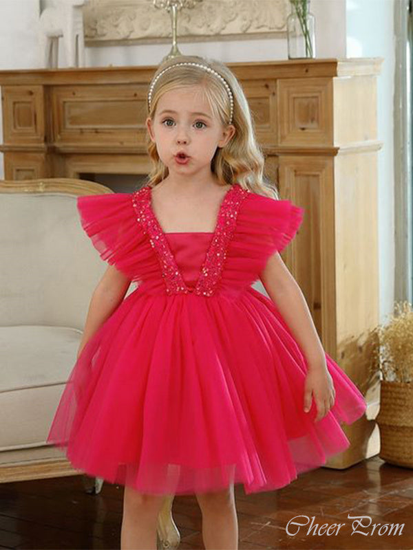 Cute Red Cap Shoulder Sleeveless Beads Cheap Flower Girl Dresses, Princess Dresses CPF79