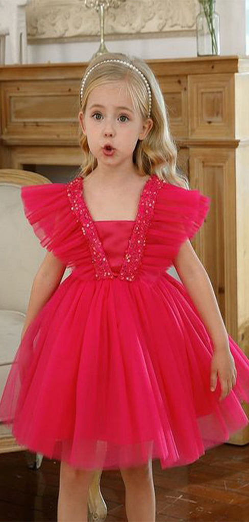 Cute Red Cap Shoulder Sleeveless Beads Cheap Flower Girl Dresses, Princess Dresses CPF79