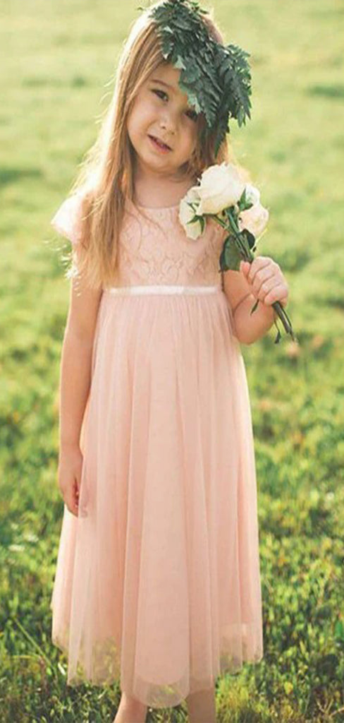 Cute A-Line Round Neck Pink Tulle Long Cheap Flower Girl Dresses with Lace, CPF07