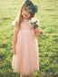 Cute A-Line Round Neck Pink Tulle Long Cheap Flower Girl Dresses with Lace, CPF07