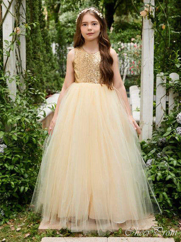 Elegant Round The Neck Sleeveless Sequin Cheap Flower Girl Dresses, Princess Dresses CPF80