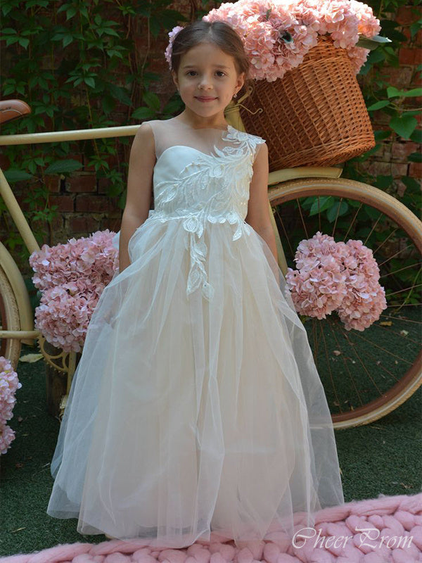 Elegant Round The Neck Sleeveless With Train Applique Cheap Flower Girl Dresses, Princess Dresses CPF82