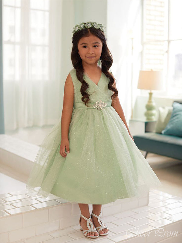 Elegant Green Straps V Neck Sleeveless Sequin Cheap Flower Girl Dresses, Princess Dresses CPF83