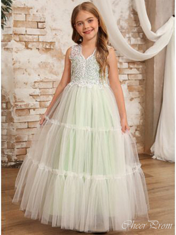 Elegant Straps Sleeveless Applique Cheap Flower Girl Dresses, Princess Dresses CPF84