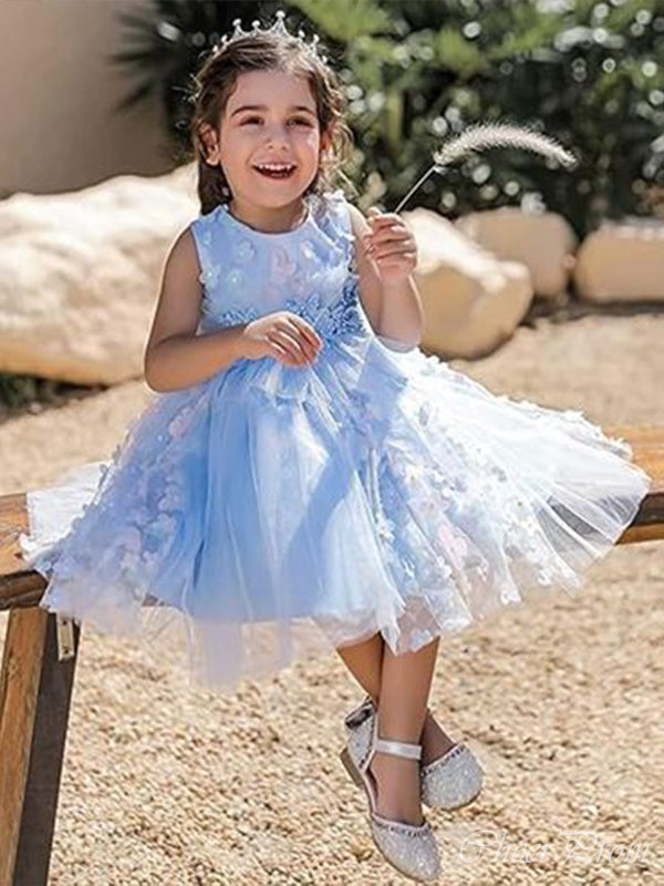 Lovely Blue Straps Round The Neck Sleeveless Applique Cheap Flower Girl Dresses, Princess Dresses CPF85