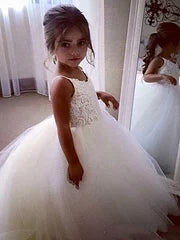 Lovely Round Neck Spaghetti Straps Tulle Long Cheap Flower Girl Dresses with Lace, CPF08