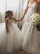 Lovely Round Neck Spaghetti Straps Tulle Long Cheap Flower Girl Dresses with Lace, CPF08