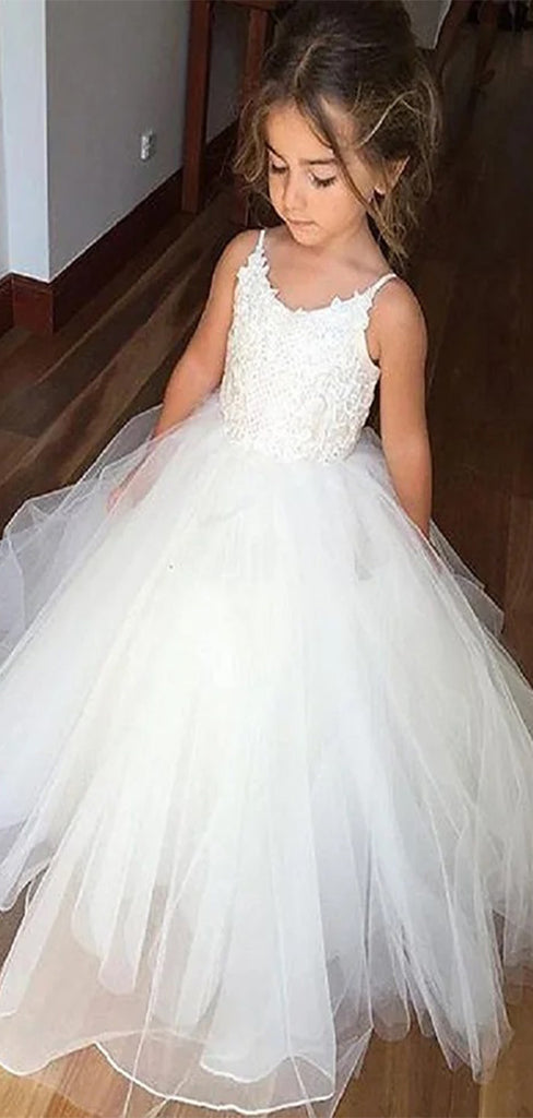 Lovely Round Neck Spaghetti Straps Tulle Long Cheap Flower Girl Dresses with Lace, CPF08