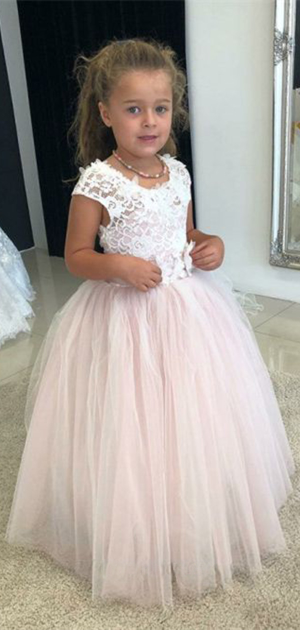 Lovely Round Neck Tulle Long Cheap Flower Girl Dresses with Lace, CPF09