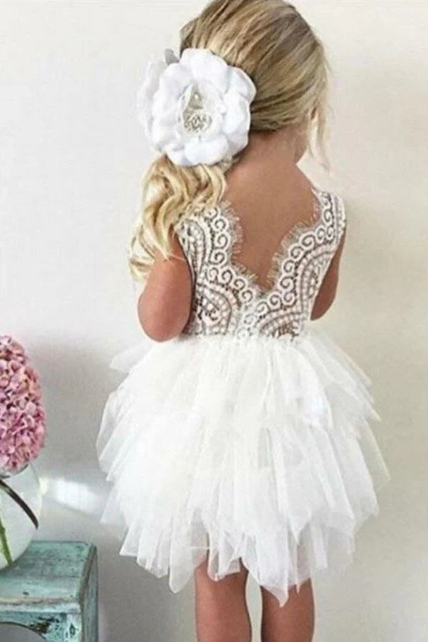 Lovely Ball Gown Jewel V-Back Tiered Tulle Cheap Flower Girl Dresses With Lace, CPF01