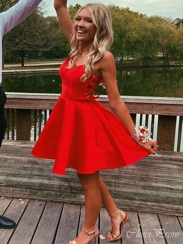 Sexy Red Spaghetti Straps V Neck Sleeveless Popular Short Homecoming Prom Dress, CPH100