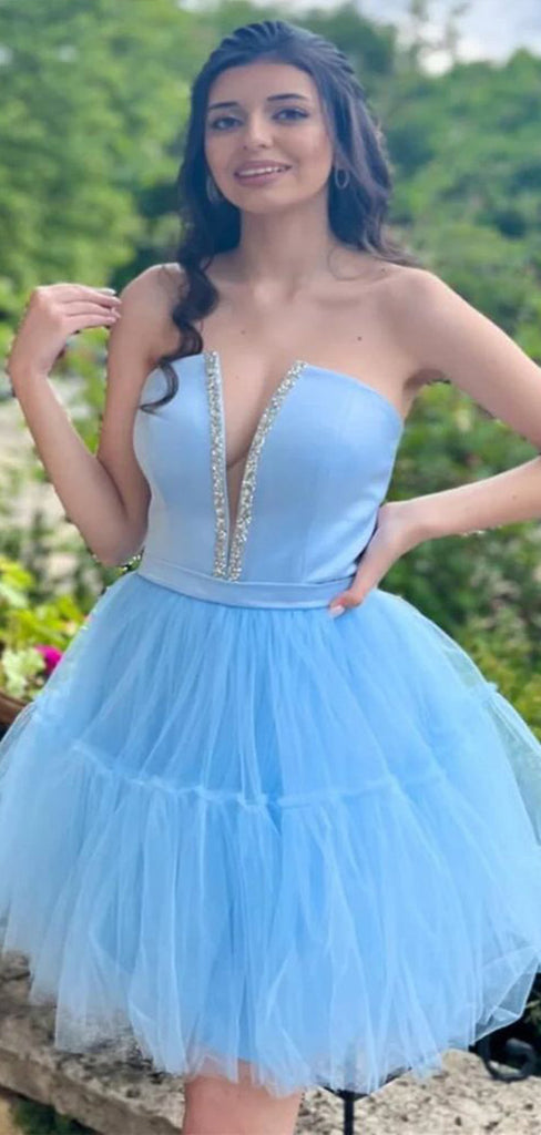 Unique Blue Strapless Sleeveless Lace Up Popular Short Homecoming Prom Dress, CPH101