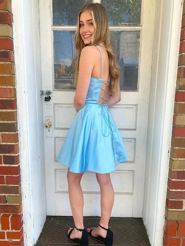 Elegant Blue Spaghetti Straps Square Sleeveless Popular Short Homecoming Prom Dress, CPH110