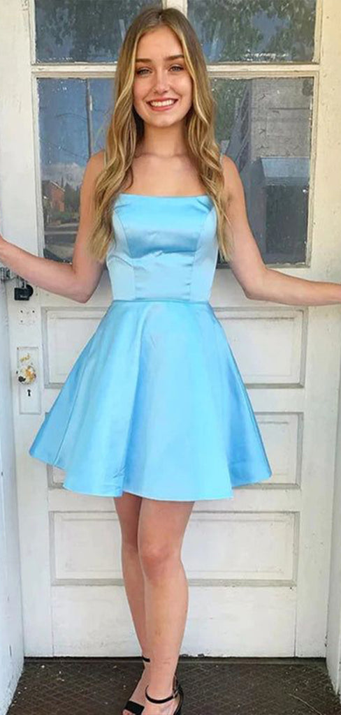 Elegant Blue Spaghetti Straps Square Sleeveless Popular Short Homecoming Prom Dress, CPH110