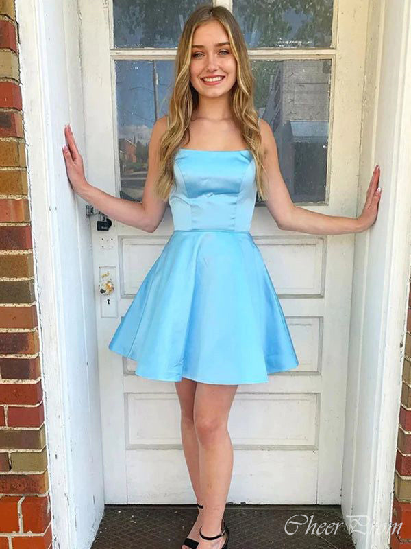 Elegant Blue Spaghetti Straps Square Sleeveless Popular Short Homecoming Prom Dress, CPH110