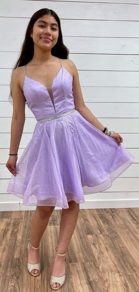 Elegant Purple Spaghetti Straps V Neck Sleeveless Lace Up Popular Short Homecoming Prom Dress, CPH112