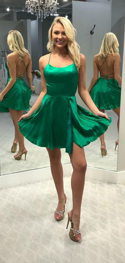 Simple Emerald Spaghetti Straps Sleeveless Open Back Popular Short Homecoming Prom Dress, CPH111