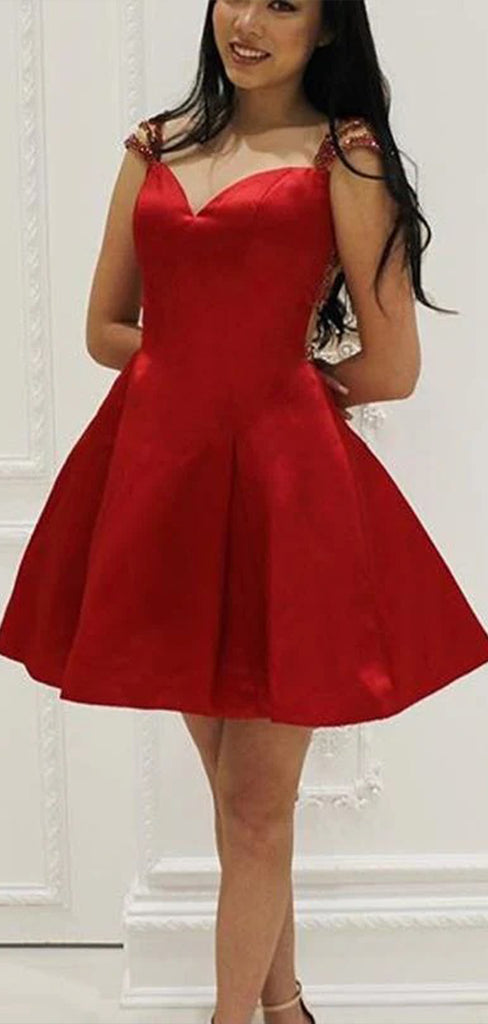 Charming Red Spaghetti Straps V Neck Beads Sleeveless Short Homecoming Prom Dress, CPH11