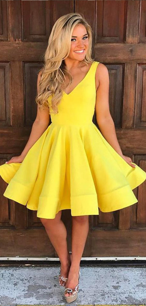 Elegant Yellow Straps V Neck Sleeveless Popular Short Homecoming Prom Dress, CPH116