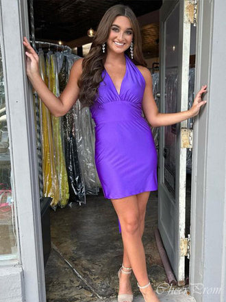 Elegant Purple Mermaid Halter V Neck Sleeveless Popular Short Homecoming Prom Dress, CPH124