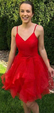 Simple Red Spaghetti Straps V Neck Sleeveless Popular Short Homecoming Prom Dress, CPH128