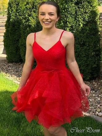 Simple Red Spaghetti Straps V Neck Sleeveless Popular Short Homecoming Prom Dress, CPH128
