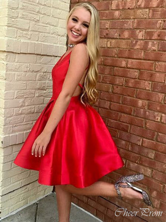 Sexy Red Spaghetti Straps V Neck Sleeveless Popular Short Homecoming Prom Dress, CPH130