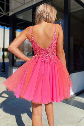 Elegant Spaghetti Straps V Neck Sleeveless Applique Popular Short Homecoming Prom Dress, CPH137
