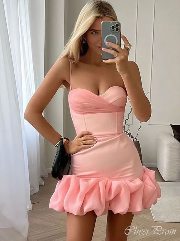 Gorgeous Pink Spaghetti Straps Sweetheart Sleeveless Popular Short Homecoming Prom Dress, CPH139