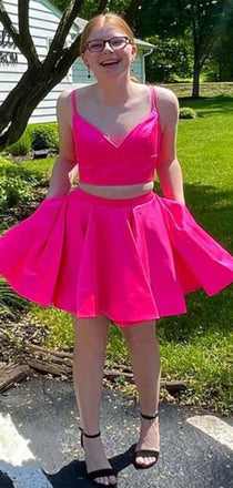 Two Pieces Spaghetti Straps V Neck Sleeveless Popular Short Homecoming Prom Dress, CPH142