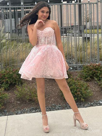 Charming Pink Sweetheart Sleeveless Lace Popular Short Homecoming Prom Dress, CPH143