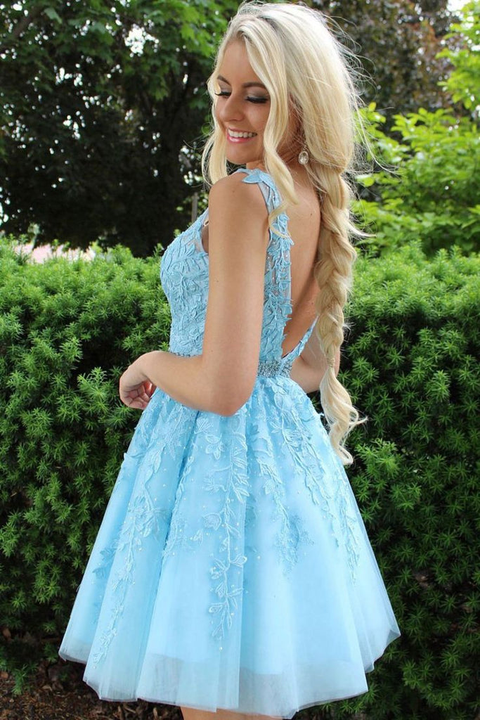 Elegant Light Blue V Neck Sleeveless Backless Lace Popular Short Homecoming Prom Dress, CPH14