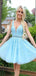 Elegant Light Blue V Neck Sleeveless Backless Lace Popular Short Homecoming Prom Dress, CPH14